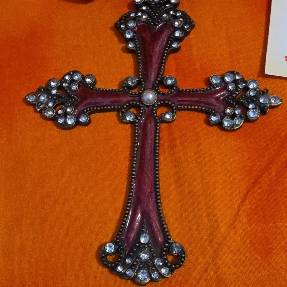 Kirklands Decorative Cross Ornament Red Silver Crystals Pearl
